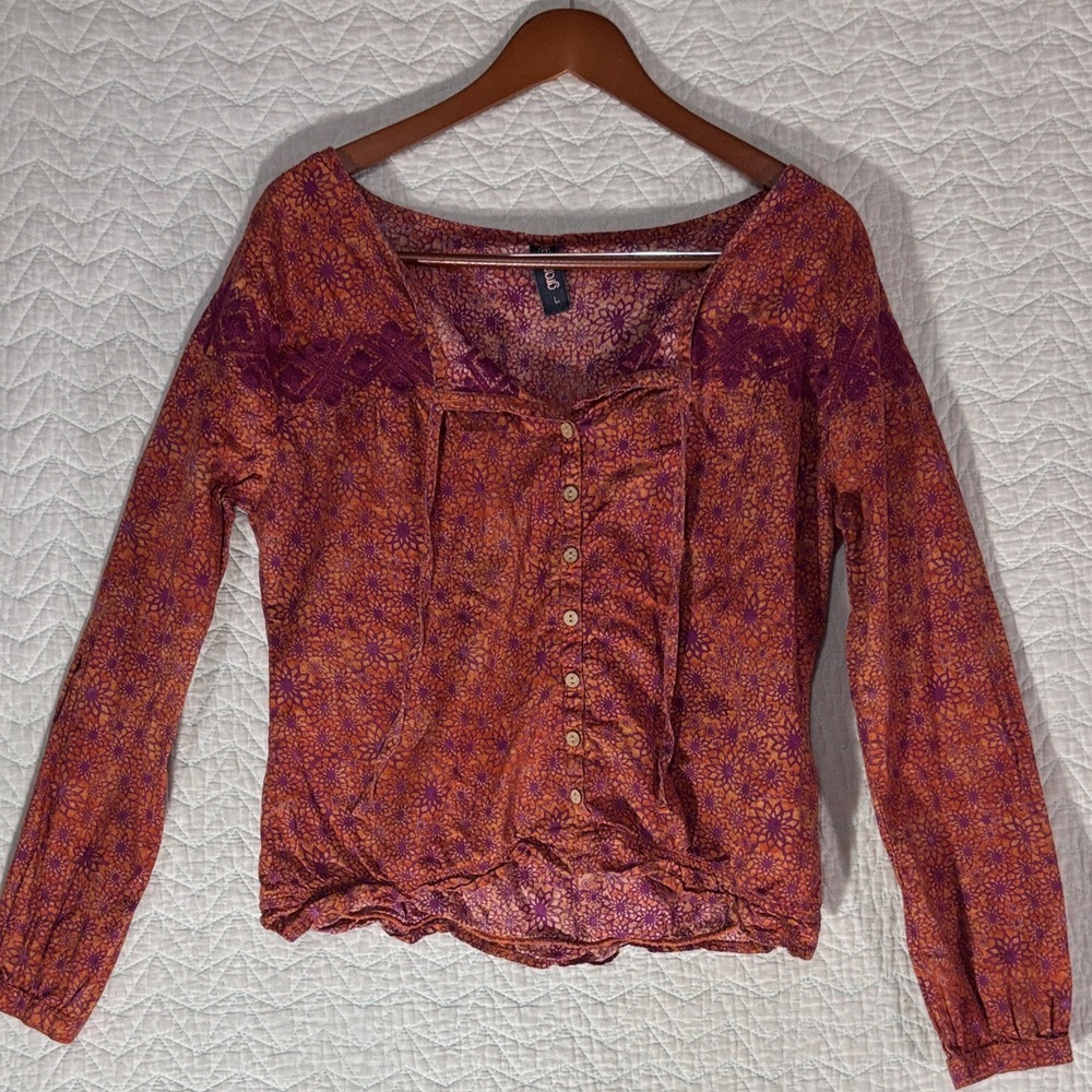 Boho Button-Front Printed Blouse in Rust and Plum - Picture 1 of 9
